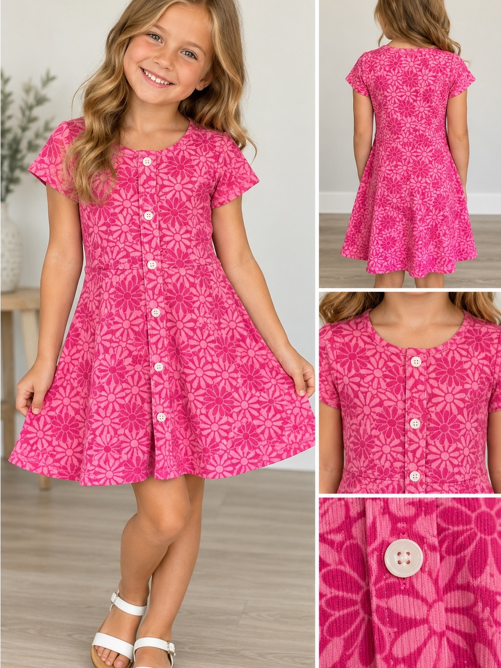 Btween Girls Size 6 Pink Floral Daisy Button Front Dress